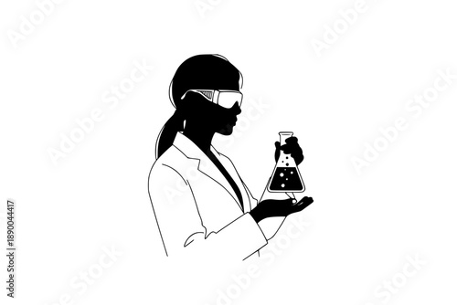 Female Scientist Silhouette with Laboratory Flask, Empowered Woman in STEM Vector Illustration for International Women's Day and Science Education