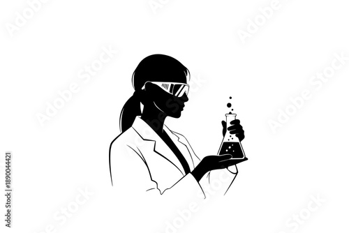 Female Scientist Silhouette with Laboratory Flask, Empowered Woman in STEM Vector Illustration for International Women's Day and Science Education