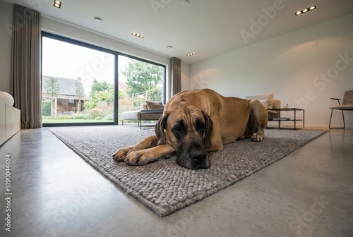 A large dog lies on a rug in a spacious living room. Sunlight enters through large windows, showing a garden outside. The room has simple furniture and a calm atmosphere