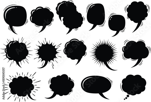 a collection of various black speech bubbles and burst shapes displayed in a simple illustrative style perfect for comic design
