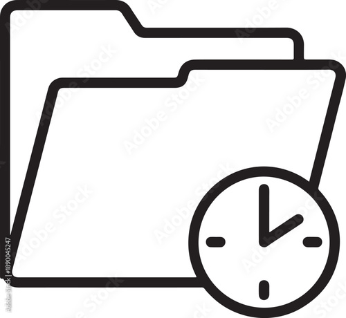 A simple black and white icon of a folder with a clock on it representing time management and organization in a digital context from a straightforward viewpoint