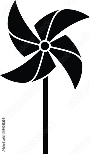 A simple black and white illustration depicts a classic pinwheel design showcasing its curved blades and slender stem against a plain white background