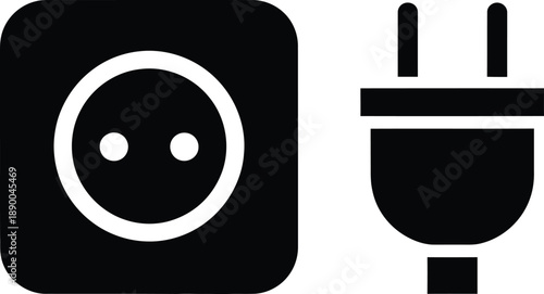 a simple black and white illustration depicts an electrical outlet and a plug symbolizing power connectivity and energy sources in a minimalist style