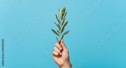 Wallpaper Mural Hand holding green plant branch against a vibrant blue background Torontodigital.ca