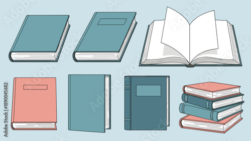 Collection of various books including open books closed books and a stack of books isolated on a light blue background.