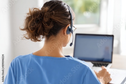 Female nurse wearing headset working on laptop in bright room