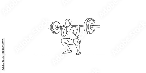 A continuous single line drawing of a muscular man doing a barbell squat exercise during workout