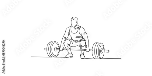 One continuous line drawing of a muscular man doing a barbell workout in a fitness gym