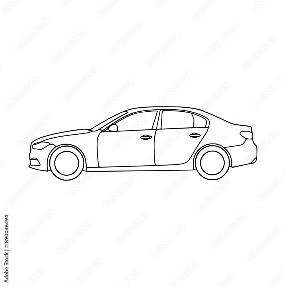 Fototapeta premium Four Door Automobile Outline Drawing Side View Isolated on White