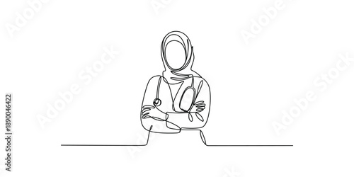 Continuous line drawing of a muslim female doctor with stethoscope and hijab
