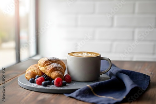 Fresh croissant with berries and hot latte coffee cup on wooden table, french breakfast concept