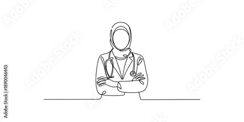 One continuous line drawing of a confident female doctor wearing a hijab and stethoscope