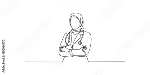A continuous line art drawing of a confident female muslim doctor wearing a hijab and a stethoscope