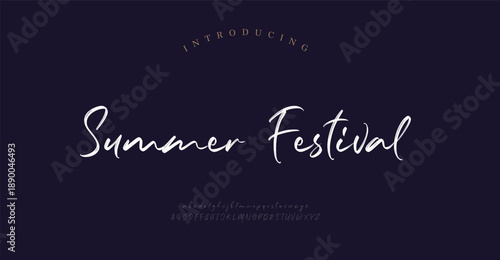 Summer Festival, Elegant script alphabet letters font and number. Classic Lettering Minimal Fashion Designs. Typography modern serif fonts regular decorative vintage concept. vector illustration