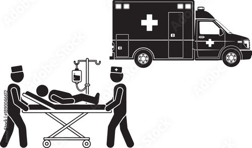 Emergency medical personnel transporting a patient with an ambulance nearby