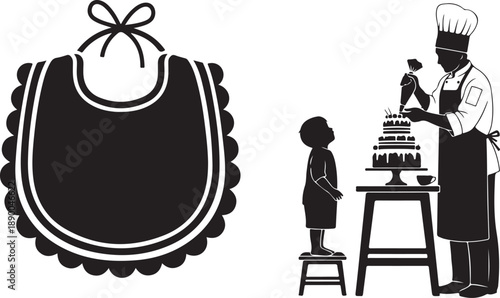 A baker decorates a cake while a child watches wearing a bib