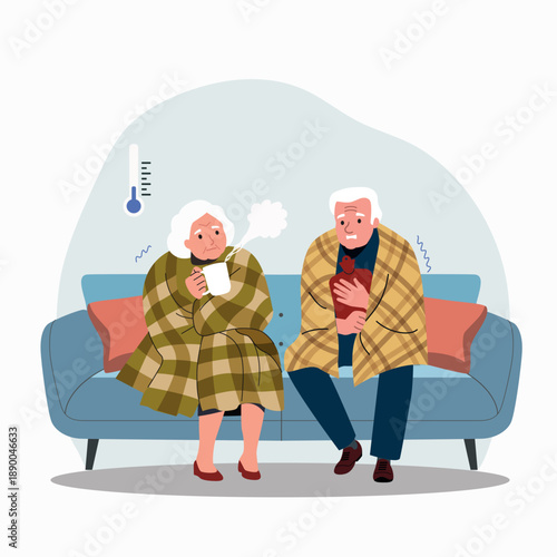 Cold elderly couple sitting at home wrapped in blankets, heating problem in winter. Flat style cartoon vector illustration.