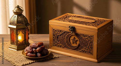 Ramadan zakat box with lantern and dates for charity giving