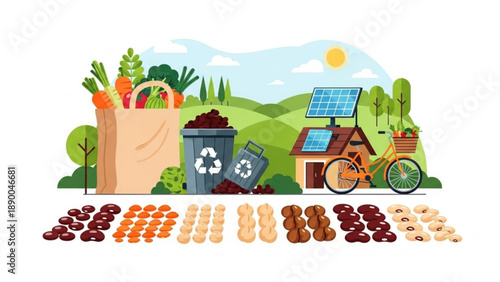Eco friendly living concept with reusable bag recycling bin solar panel and sustainable food choices