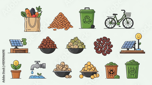 Eco friendly living icons set with sustainable lifestyle symbols and green technology elements for environmental conservation