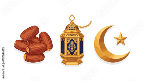 A collection of Ramadan symbols including a pile of dates, an ornate golden lantern, and a crescent moon with a star, presented on a white background.