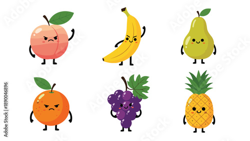 Group of cute fruit characters with expressive faces including peach banana pear orange grapes and pineapple illustrations.