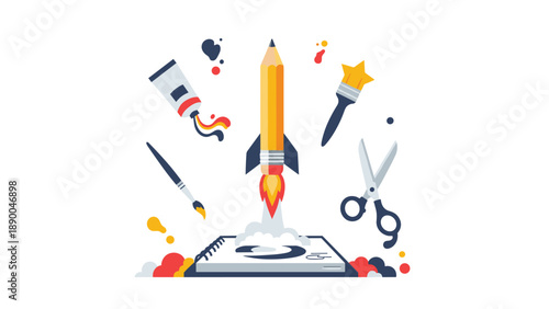 Creative Rocket Launch: Illustrating the ignition of new ideas with art supplies like paint, brushes, scissors, and a pencil rocket taking off from a notebook, symboli...
