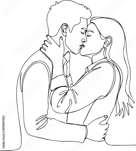 Continuous line drawing of romantic young couple embracing and kissing, minimalist man and woman in love vector illustration