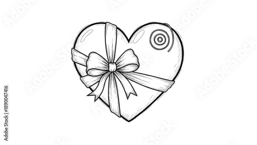 Heart shaped gift box tied with a beautiful ribbon and bow in a detailed black and white hand drawn engraving style.