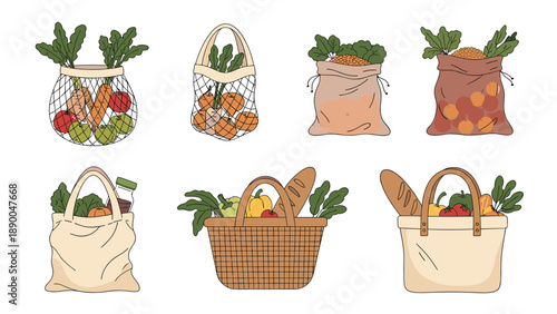 Assorted grocery bags and baskets filled with fresh healthy produce bread and vegetables for sustainable shopping concepts.