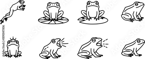 set of icons line Frog, isolated silhouette, black and white