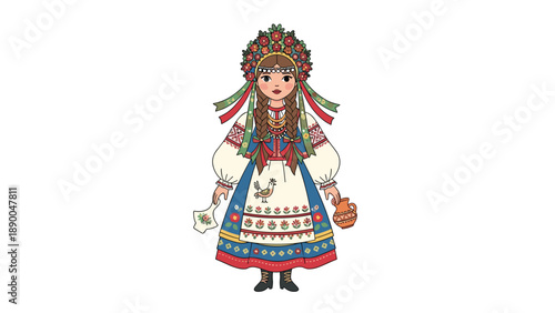 Folk Doll Charm: A stylized illustration of a Ukrainian girl in traditional attire, complete with a detailed floral crown, embroidered dress, and holding a small jug, ...