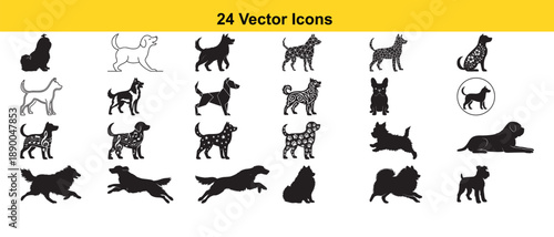 collection of twenty four black and white vector icons featuring various dog breeds
