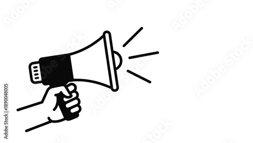 Hand drawn line art of a person holding a megaphone with sound waves coming out representing communication and news.