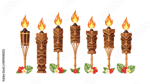 Tropical Tiki Torches: A collection of seven decorative tiki torches with carved faces and flames, adorned with tropical flowers and leaves, creating a festive and exo...