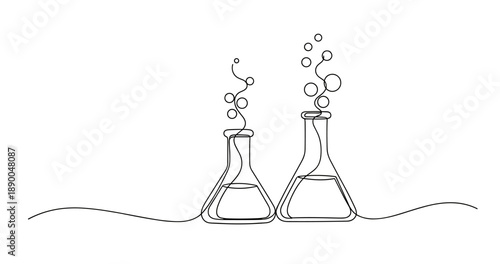Continuous line drawing of two experimental beakers with bubbles. No editable stroke
