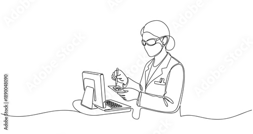 Female asian doctor reviewing medical records on laptop in line art illustration. No editable stroke