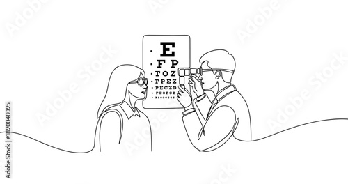 Optometrist conducting eye test for female patient with eye chart. No editable stroke