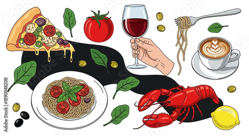 Vibrant Italian Food and Drink Collection: Pizza, Pasta, Lobster, Wine, Coffee and Ingredients