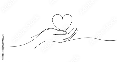 Continuous line art of open hand holding heart symbol for love and care. No editable stroke