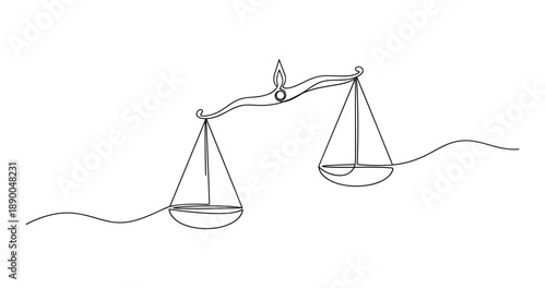 Minimalistic continuous line drawing of balance scales symbolizing justice and equality. No editable stroke