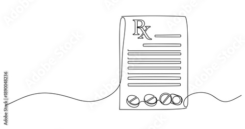 Continuous line drawing of a medical prescription with pills and rx symbol. No editable stroke