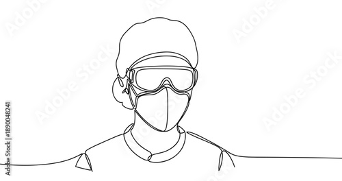 Line drawing of young person wearing goggles and mask. No editable stroke