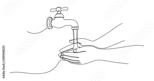 Line art of hands washing under running faucet for hygiene concept. No editable stroke