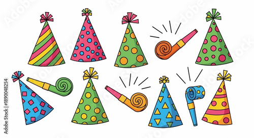 Collection of colorful party hats and noisemakers with playful patterns for celebration