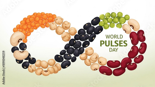 World pulses day infinity loop with colorful beans and legumes