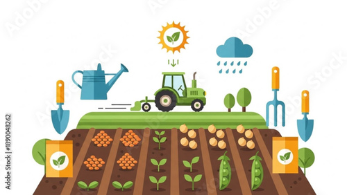 Agricultural growth concept with tractor gardening tools and various plants in rows on fertile soil representing farming and cultivation