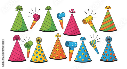 Colorful Birthday Party Hats and Noisemakers with Fun Patterns, Festive Celebration Elements