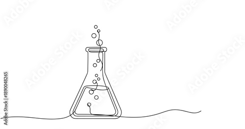 Minimalist one-line drawing of a chemistry lab flask with bubbles. No editable stroke