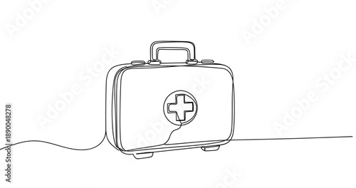 Continuous line drawing of medical kit with cross symbol on front. No editable stroke